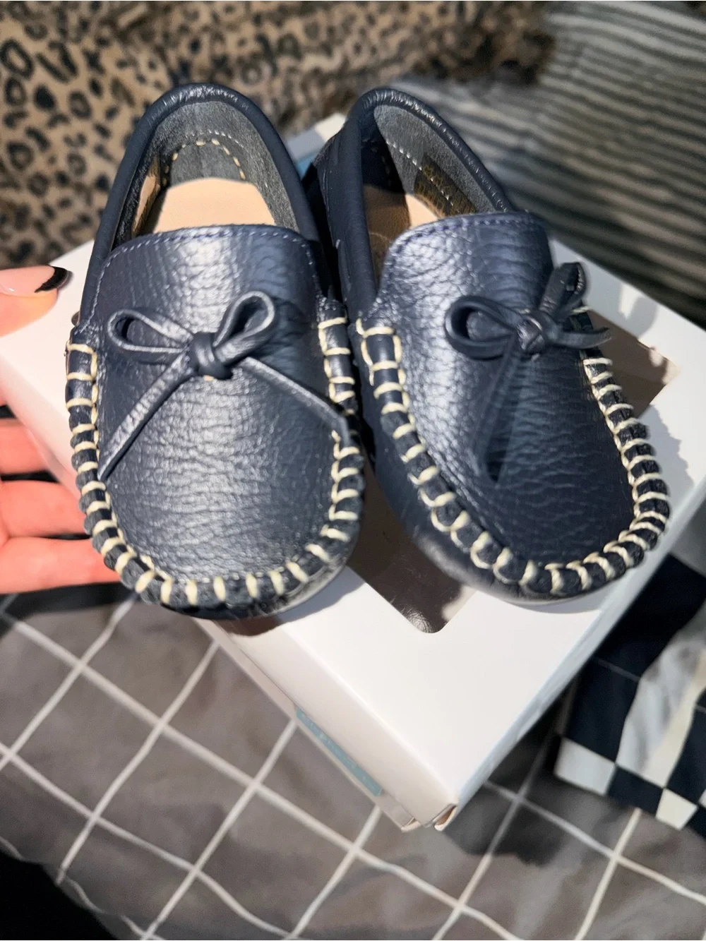 Elephantito Navy Leather Baby Moccasins with Contrast Stitch